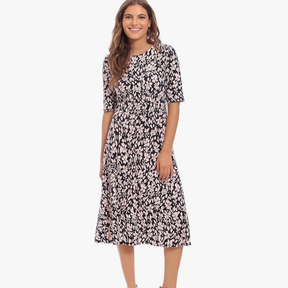 London Times Black Dress with Blush Floral Print - Midi